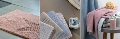 Bathroom textiles: bath mat, towels, shower towels in many colours