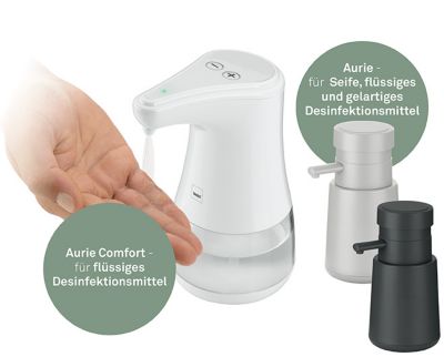 Produktabbildungen von Seifenspender für Desinfektionsmittel Serie Aurie von kela