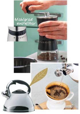 Stimmungsbilder Kaffee mit Mühle mahlen, Wasserkessel, Kaffee aufbrühen mit Porzellanfilter von kela