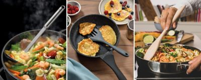 Ustensiles de cuisine en différents matériaux - bois, silicone, acier inoxydable