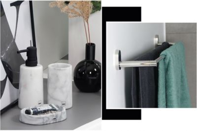 Stimmungsbild Badezimmer mit Badaccessoires aus Marmor und Handtuchstange von kela