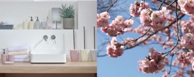 Stimmungsbild zur Inspiration Pastell im Zuhause. Einrichtungsbeispiel mit Badaccessoires und Badtextilien in Pastell.