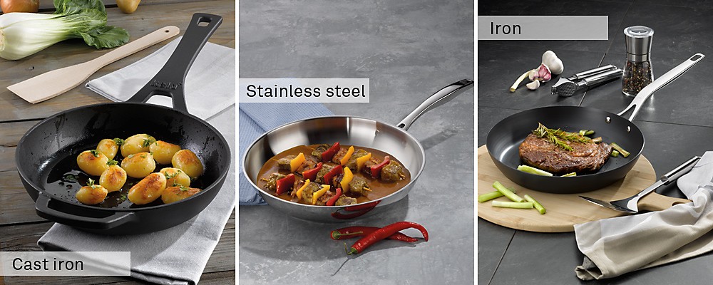 Pans made of different materials: Cast iron frying pans, stainless steel frying pans, iron frying pans – frying pans by kela