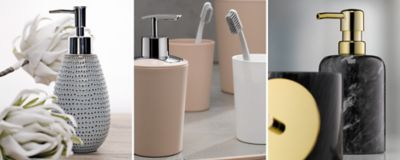 Soap dispensers made of different materials - ceramic, plastic, marble