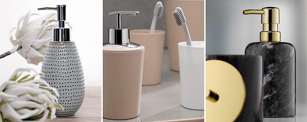 Seifenspender aus verschiedenen Materialien – Keramik, Kunststoff, Marmor