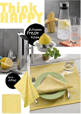Stimmungsbilder rund um die Zitronen. Frischekick auf den Tisch mit Wasserkaraffe, Zitronenpresse Vision, Wasserglas-Set Fontana, Tischset und Serviette Citrus
