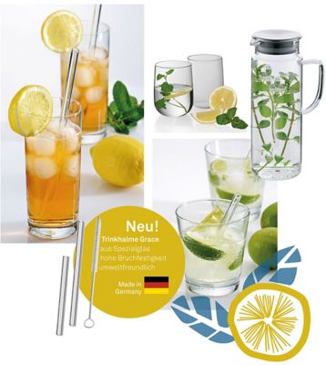 Stimmungsbilder Gläser mit Glastrinkhalmen, Wasserkaraffe mit Infused Water. Produkte von kela