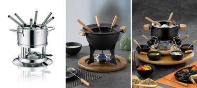 Fondue sets made of various materials: stainless steel, cast iron, enamelled metal
